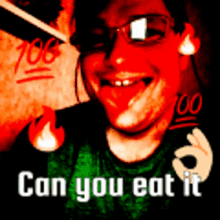 a man with glasses and a green shirt is smiling with the words can you eat it below him