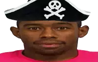 a man in a pink shirt is wearing a pirate hat with a skull and crossbones on it