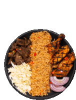 a plate of food with rice meat and coleslaw on it