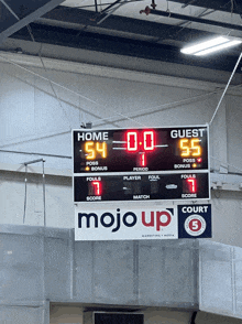 a mojo up sign hangs above a basketball game scoreboard