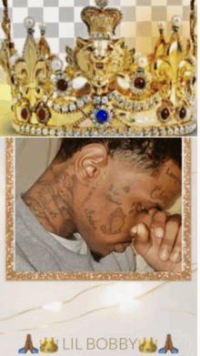 a picture of a man wearing a gold crown and a picture of a man with tattoos on his face