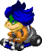 a pixel art of a character with blue hair