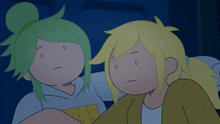 a cartoon of a girl with green hair and a girl with blonde hair and a shirt that says ' ufg ' on it