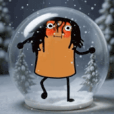 a cartoon character in a snow globe with snow falling around him