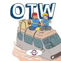 a cartoon of a man and a woman on top of a van with the word otw above them