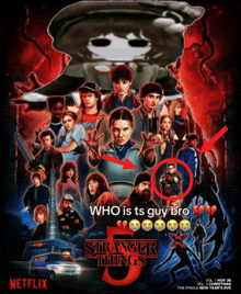 a poster for the movie stranger things 3 shows a man with a beard