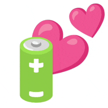 a green battery next to two pink hearts