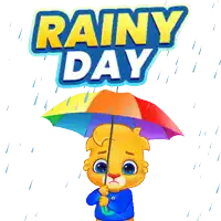 a cartoon lion holding a rainbow colored umbrella under the words rainy day