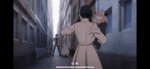 a woman in a trench coat is holding a child in her arms with chinese writing on the screen