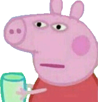 a cartoon pig is holding a glass of water and making a funny face .