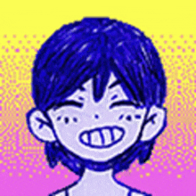 a drawing of a boy with blue hair smiling .