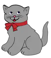 a gray cat with a red bow around its neck is smiling