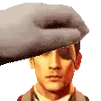 a hand is holding a hat over a man 's head with an eye patch .