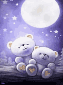 two teddy bears are sitting next to each other under a full moon