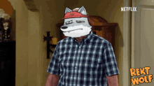 a man in a plaid shirt has a wolf mask on his head and a netflix logo in the corner