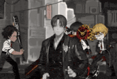 a man in a suit is surrounded by a group of people