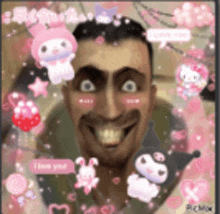 a man 's face is surrounded by hello kitty and kuromi icons