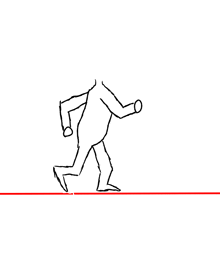 a black and white drawing of a person walking on a red line