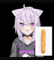 a cat girl with purple hair is holding a baguette .