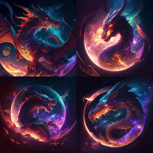 four dragons are surrounded by a circle of stars