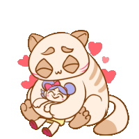 a cartoon drawing of a cat holding a small doll