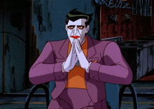 a cartoon of the joker with his hands folded in front of a sign that says " ever "