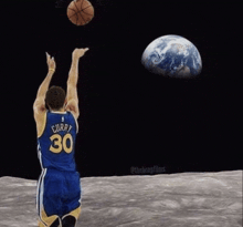 a man in a curry 30 jersey throws a basketball in the air