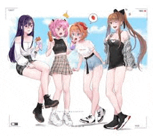 a group of anime girls standing next to each other on a white background .