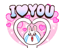 a cartoon bunny is making a heart shape with its hands and the words i love you behind it