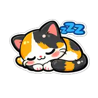 a sticker of a calico cat sleeping with a zzz bubble above it