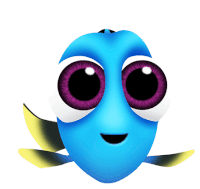 a blue fish with purple eyes and a yellow tail on a white background