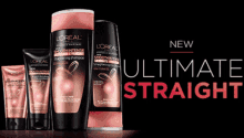 an advertisement for l'oreal ultimate straight shampoo and conditioner