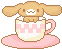 a pixel art illustration of a dog sitting in a cup of coffee .