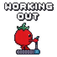 a pixel art illustration of a tomato on a treadmill with the words " working out " above it