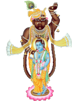 a painting of a deity holding a child with a peacock feather on his head