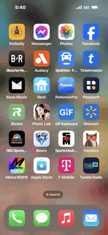 a phone screen shows a bunch of apps including potbelly