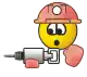 a yellow smiley face wearing a hard hat is holding a drill .
