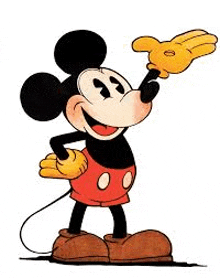 mickey mouse is holding a yellow glove in his mouth .