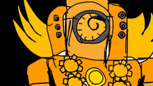 a cartoon drawing of a robot with wings and gears on it