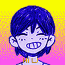 a pixel art drawing of a boy with blue hair and the words `` hi lj '' written on the bottom .