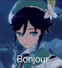 a picture of a person with the word bonjour written on it