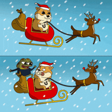 a dog wearing a santa hat is pulled in a sleigh by a reindeer