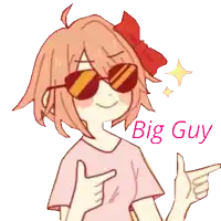 a girl wearing sunglasses giving a thumbs up and the word big guy behind her