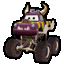 a cartoon monster truck with horns and a purple truck .