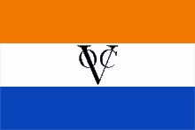 an orange white and blue flag with a black letter v