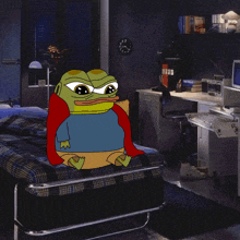 a frog in a cape sits on a bed in front of a computer desk