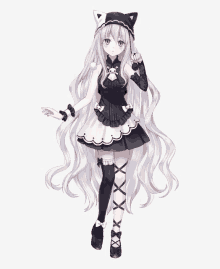 a girl with long white hair is wearing a black and white cat costume