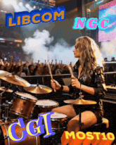 a woman playing drums in front of a crowd with the words libcom ngc and cgi most10