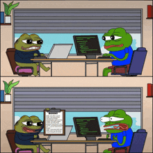 a cartoon of two frogs sitting at a desk with a clipboard that says monday