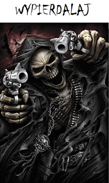 a poster of a grim reaper holding two guns with the word wypierdalaj above him